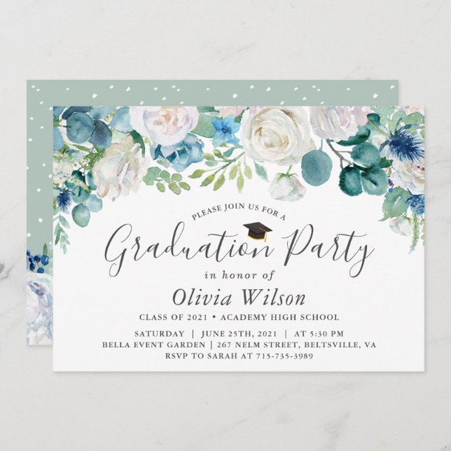 Graduation Party Sage Green Blue White Floral Invitation (Front/Back)
