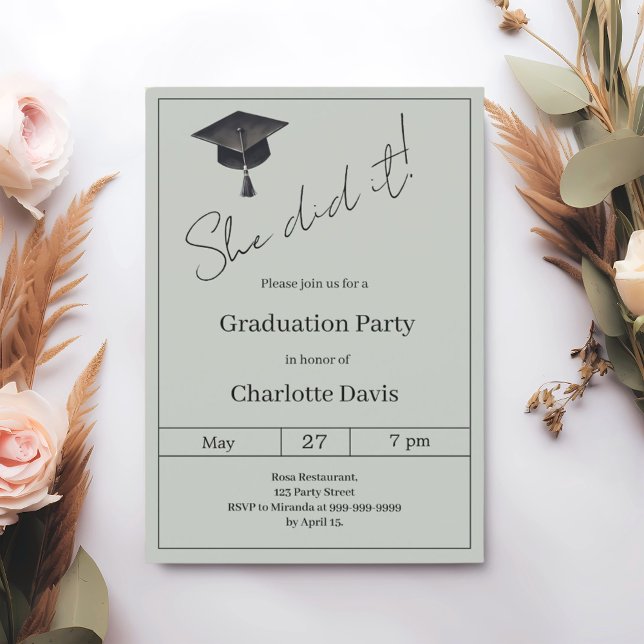Graduation party sage green She did it Invitation (Creator Uploaded)