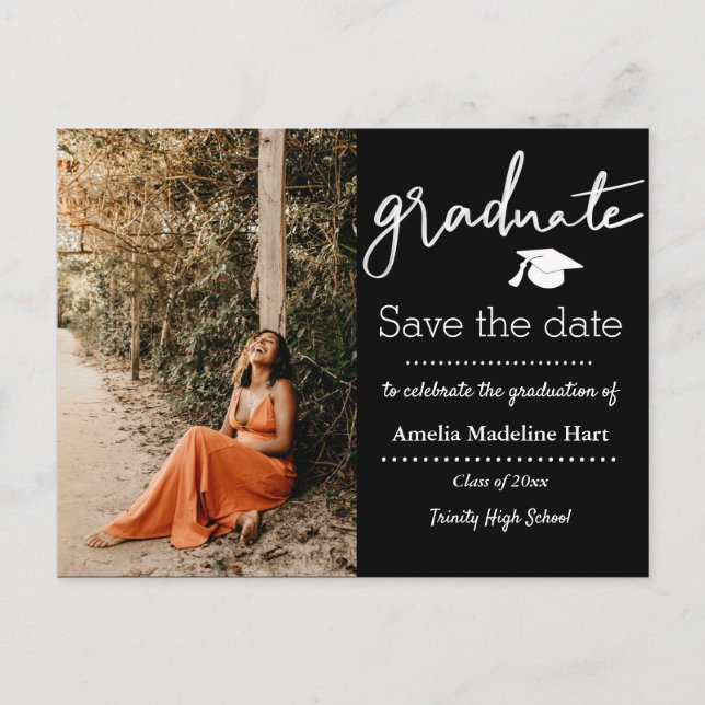 Graduation Party | Save The Date Script Photo Announcement Postcard (Front)