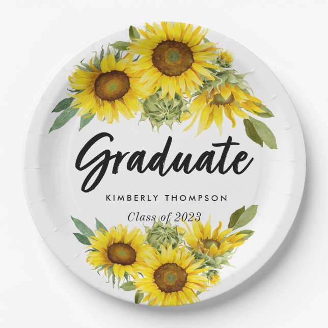 Graduation Party Script Celebration Sunflower   Paper Plates (Front)