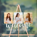 Graduation Party Script Welcome & 3 Photo Collage Acrylic Sign<br><div class="desc">Add a stylish personalized touch to college or high school graduation party decorations with a custom photo collage clear acrylic welcome sign. The pictures and wording on this template are simple to personalize with class year, school name, and customizable thank you message. The modern minimalist transparent design features chic handwritten...</div>