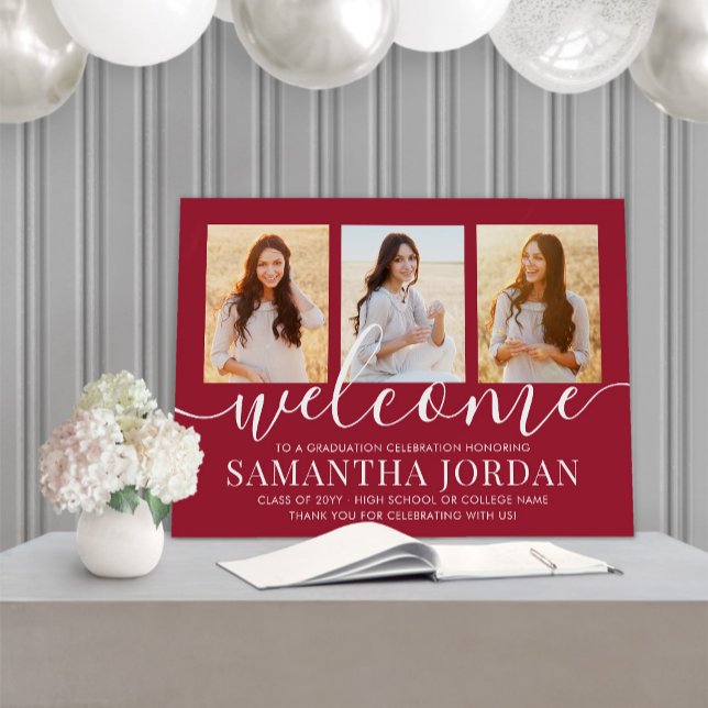 Graduation Party Script Welcome 3 Photo Red White Foam Board (Creator Uploaded)