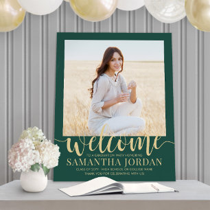 Graduation Party Script Welcome Photo Green & Gold Foam Board