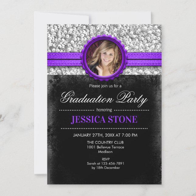 Graduation Party - Silver Black Purple - Photo Invitation (Front)