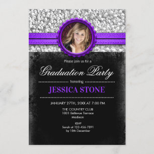 Graduation Party - Silver Black Purple - Photo Invitation