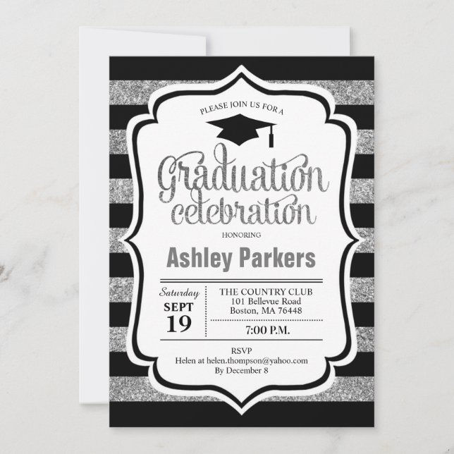 Graduation Party - Silver Black Stripes Invitation (Front)