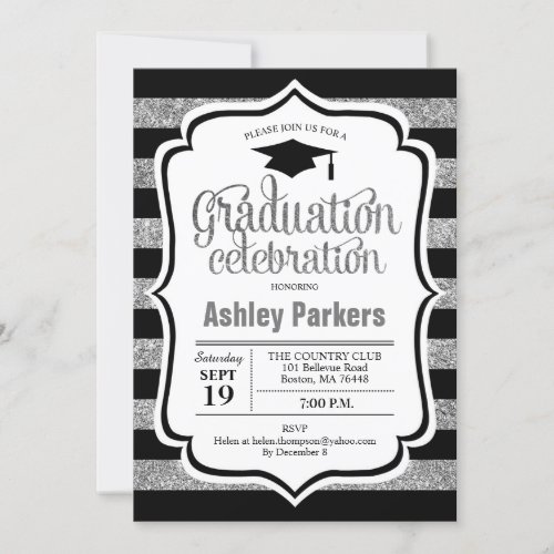 Graduation Party _ Silver Black Stripes Invitation