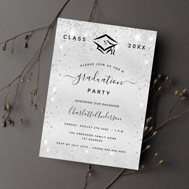 Graduation party silver glitter modern invitation (Creator Uploaded)