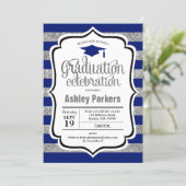 Graduation Party - Silver Navy Blue Stripes Invitation (Standing Front)