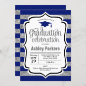 Graduation Party - Silver Navy Blue Stripes Invitation (Front/Back)