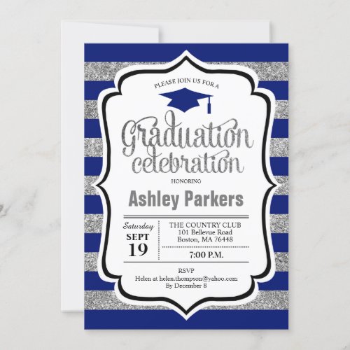 Graduation Party _ Silver Navy Blue Stripes Invitation