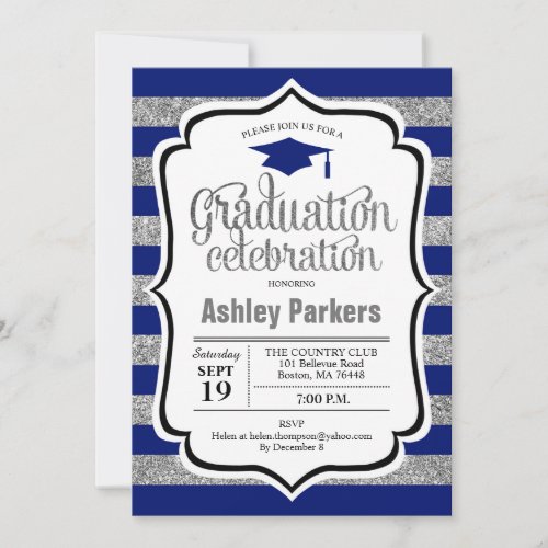 Graduation Party - Silver Navy Blue Stripes