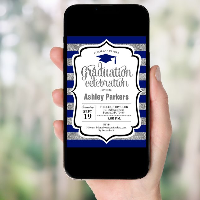 Graduation Party - Silver Navy Blue Stripes Invitation (Front Digital)