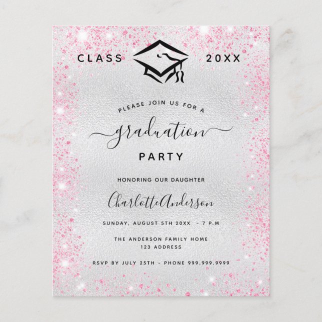Graduation party silver pink glitter invitation (Front)