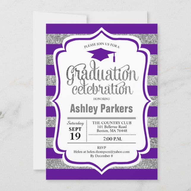 Graduation Party - Silver Purple Stripes Invitation (Front)