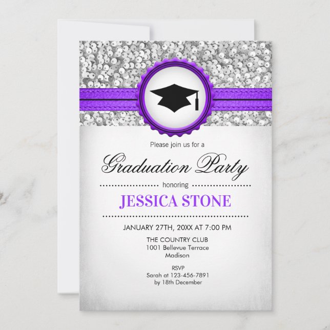 Graduation Party - Silver White Purple Invitation (Front)