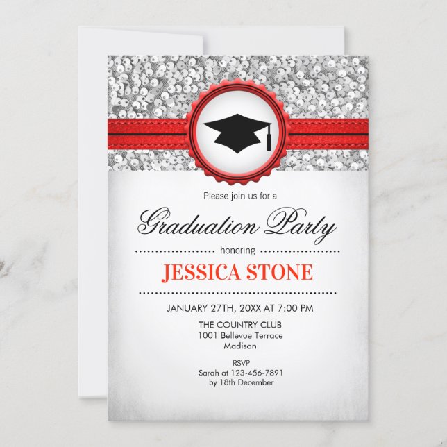Graduation Party - Silver White Red Invitation (Front)