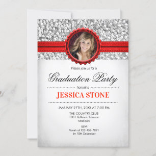 Graduation Party - Silver White Red Photo Invitation