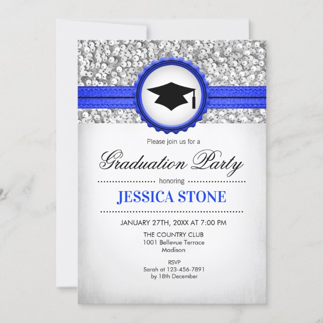 Graduation Party - Silver White Royal Blue Invitation (Front)