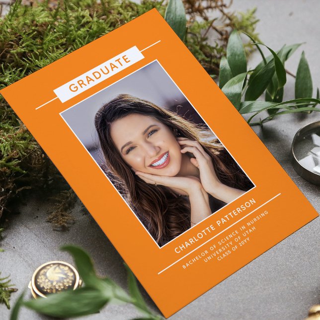 Graduation Party Simple Modern Script Photo Orange Invitation (Creator Uploaded)