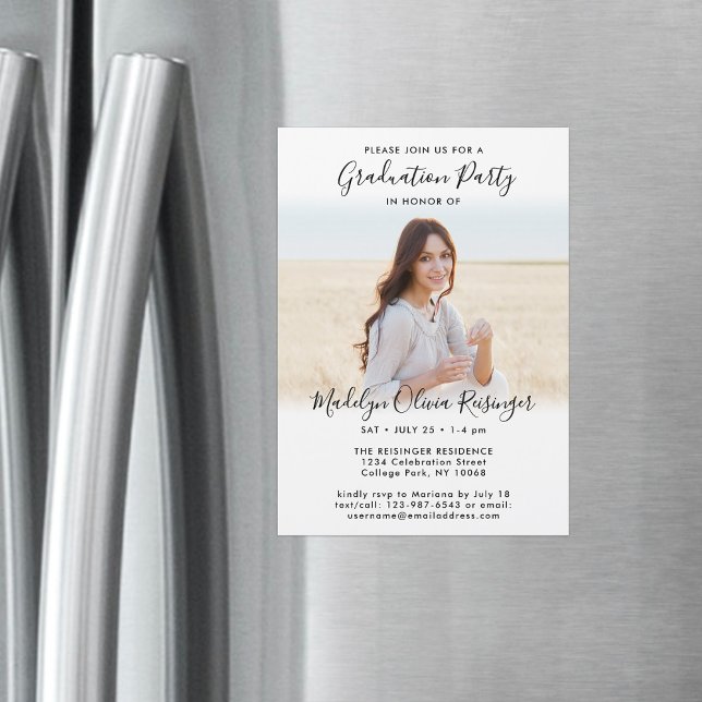 Graduation Party Simple Photo & Black White Script Magnetic Invitation (Creator Uploaded)