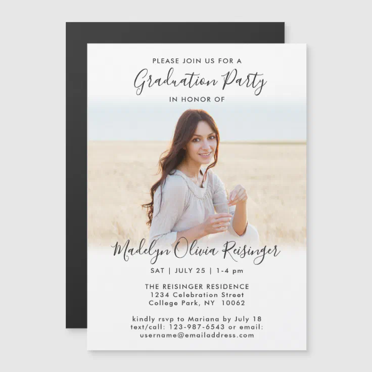 Graduation Party Simple Photo & Black White Script Magnetic Invitation ...