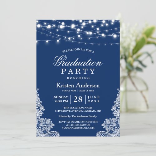 2018 Graduation Party String Lights Lace Navy Blue Card