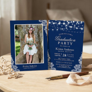 Graduation Party String Lights Lace Navy Blue Invitation