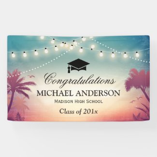 Graduation Party String Lights Summer Palm Trees Banner