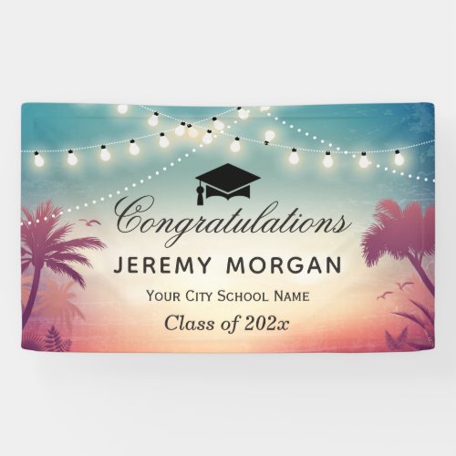 Graduation Party String Lights Summer Palm Trees Banner