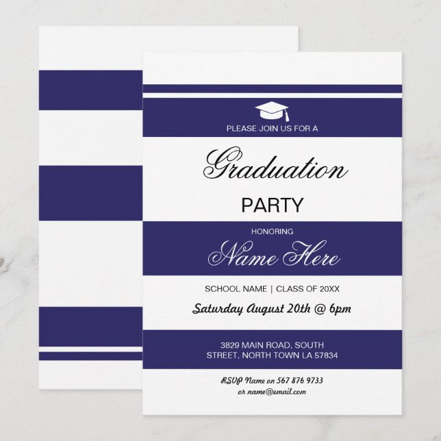 Graduation Party Stripe Navy White Invite Graduate (Front/Back)