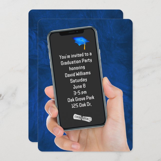 Graduation Party Text Message On Blue Leather   Invitation (Front/Back)