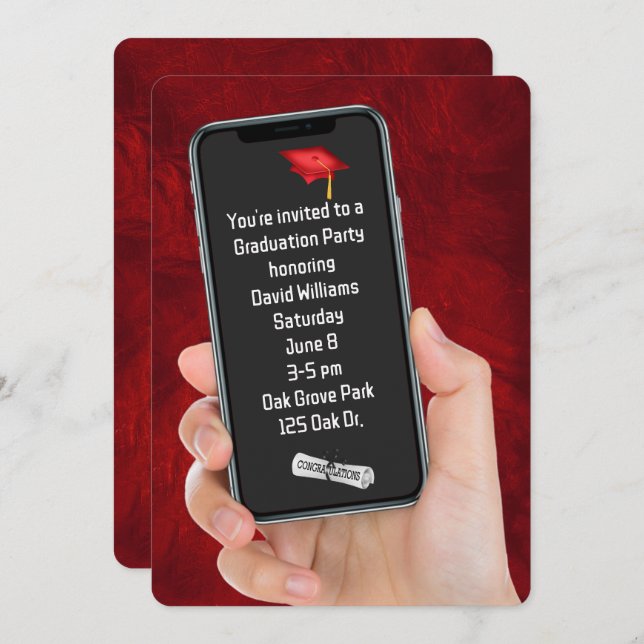 Graduation Party Text Message On Red Leather   Invitation (Front/Back)