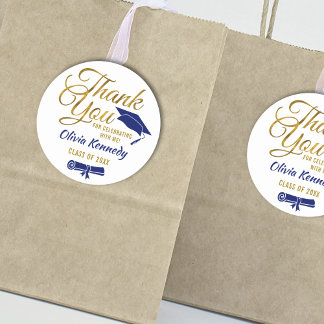 Graduation Party Thank You Favor Blue And Gold Classic Round Sticker