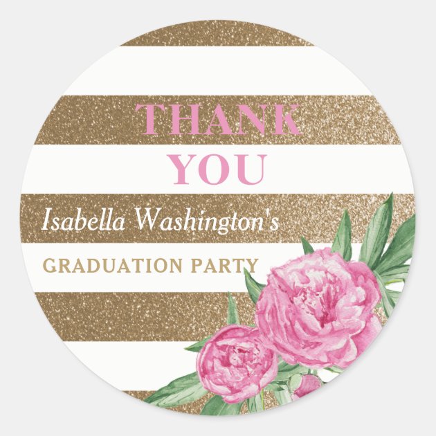 Graduation Party Thank You | Gold Stripes Flowers Classic Round Sticker