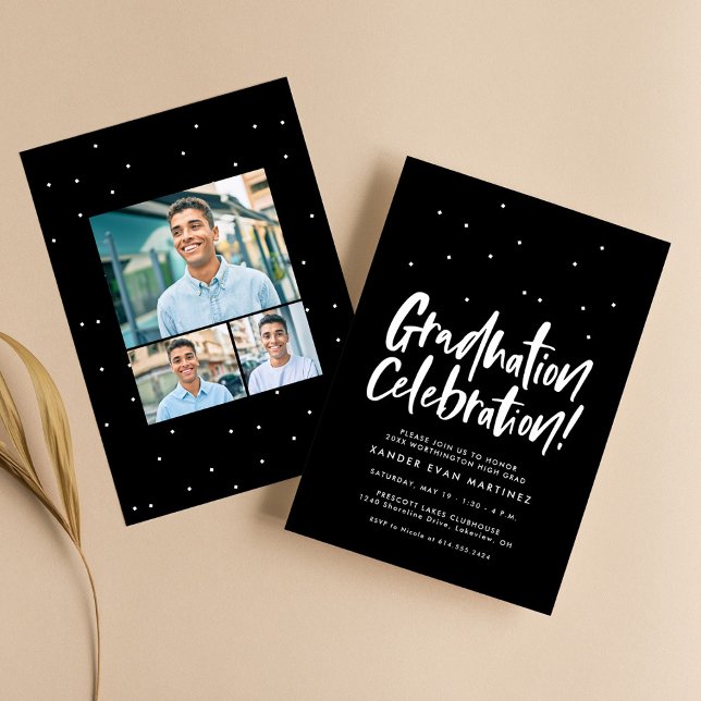 Graduation party three photo black white confetti invitation (Creator Uploaded)