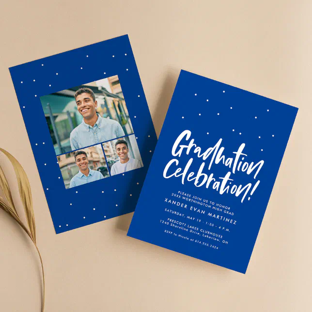 Fun Blue Invite Frame Graduation party three photo fun blue confetti invitation | Zazzle