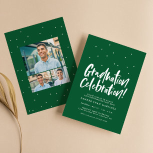 Graduation party three photo fun green confetti invitation