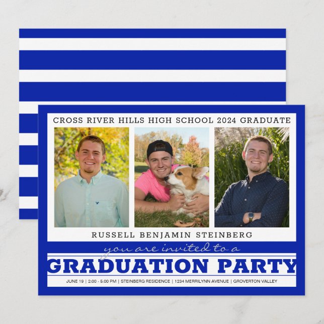 Graduation Party Three Photos Royal Blue & Silver Invitation (Front/Back)