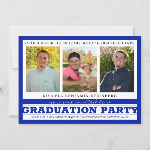 Graduation Party Three Photos Royal Blue  Silver Invitation