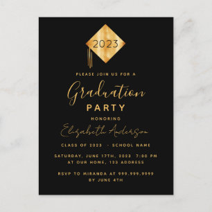 Graduation party topper black gold invitation postcard