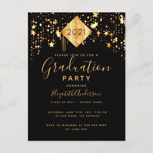 Graduation party topper black gold stars postcard (Front)