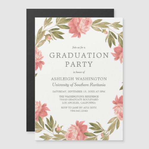 Graduation Party | Trendy Watercolor Floral Wreath Magnetic Invitation - ABOUT THIS DESIGN. Graduation Party | Trendy Watercolor Floral Wreath Invitation Template. Create your own romantic graduation party invitations by customizing this trendy design. Click to personalize and change (1) template text and (2) colors, choose from a large variety of (1) paper textures, (2) border shapes and (3) sizes to make these graduation party invitations truly unique.