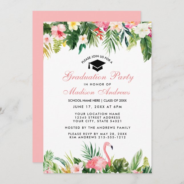 Graduation Party Tropical Floral Pink Invitation (Front/Back)