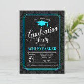 Graduation Party - Turquoise Black White Damask Invitation (Standing Front)