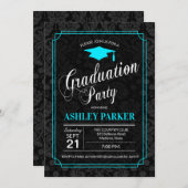 Graduation Party - Turquoise Black White Damask Invitation (Front/Back)