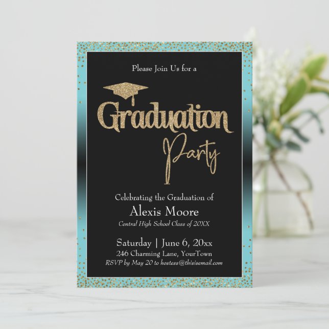 Graduation Party Turquoise Ombre Confetti Invitation (Standing Front)