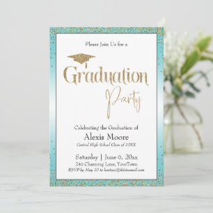 Graduation Party Turquoise Ombre Gold Confetti Invitation