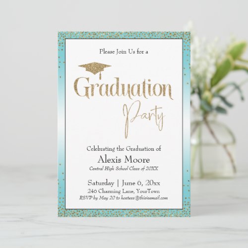 Graduation Party Turquoise Ombre Gold Confetti Invitation