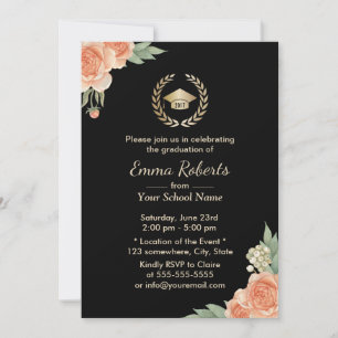 Graduation Party VIntage Floral Modern Black Gold Invitation